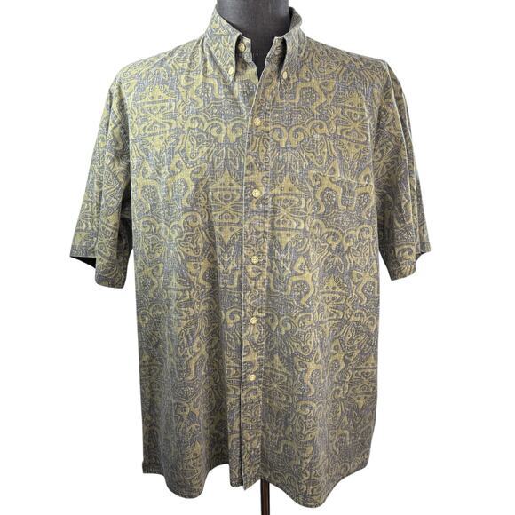 Reyn Spooner VTG 90s Y2k Hawaiian Shirt Reverse Green Tiki Print Print‎ Size XXL - Picture 1 of 5